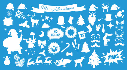 Obraz premium Christmas and New Year ornaments silhouette set. Festive decorative design elements for seasonal winter holiday celebration vector illustration