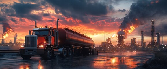 A tanker truck drives past an industrial complex at sunset, with smoke billowing from the chimneys.