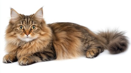 Obraz premium A brown-and-black feline sits atop a pristine white floor, gazing intently at the camera with a solemn expression