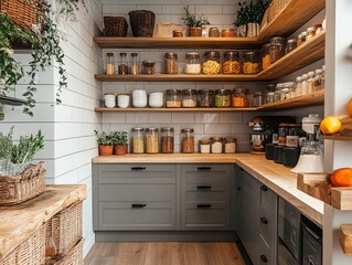 Minimalist pantry with vertical storage solutions, utilizing tall shelves and cabinets to maximize space in a sleek and modern way