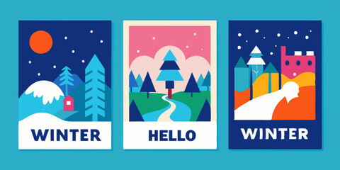 Colorful winter landscape illustrations for seasonal greeting cards and posters
