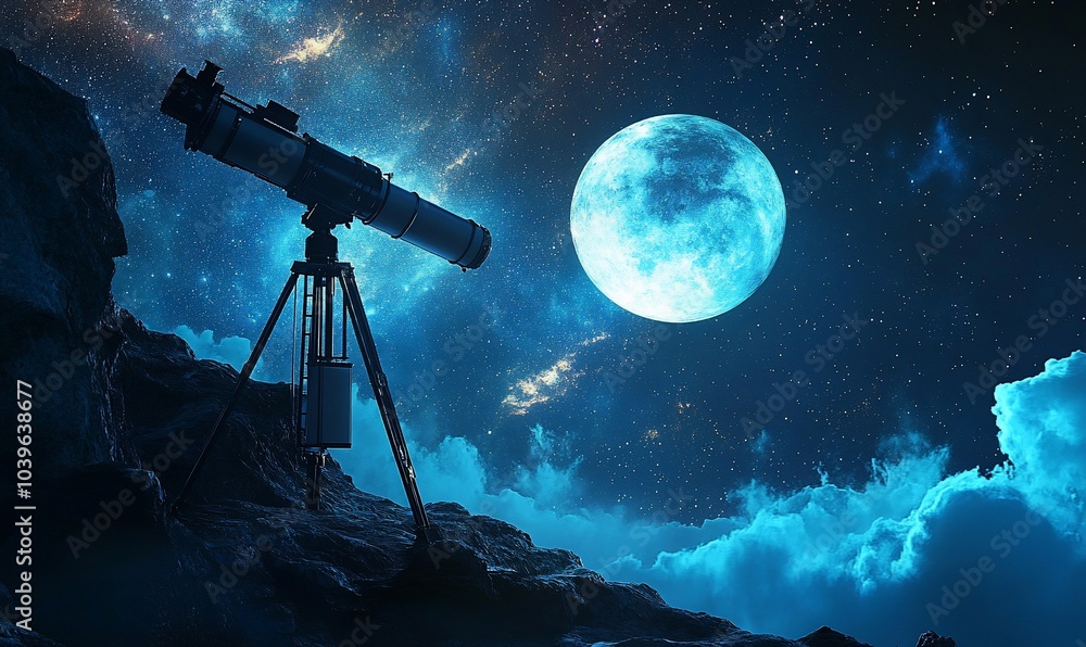 Aufkleber a telescope on a hilltop points toward the night sky with a large full moon and stars in the backgro