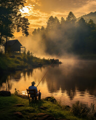 Fisherman sitting on the lake shore - fishing spot