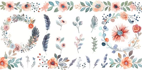Watercolor feathers and leaves on white background