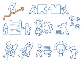 Male climbing stairs.Business growth.Business people working with industrial gears.Businessman riding rocket.Boost team productivity.Lamp idea little people.Idea of a light bulb.Raining money shower.