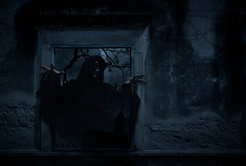 Grim reaper standing in old damaged window with wall over cross, church, birds, dead tree and...