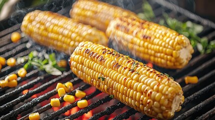 Grilled corn on the cob with charred edges, smoky flavor, delicious summer treat.