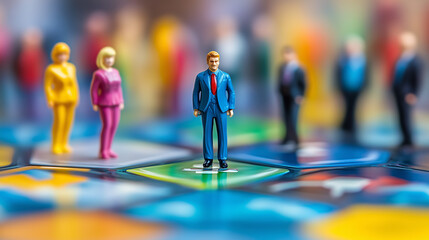Miniature people figures on abstract business board