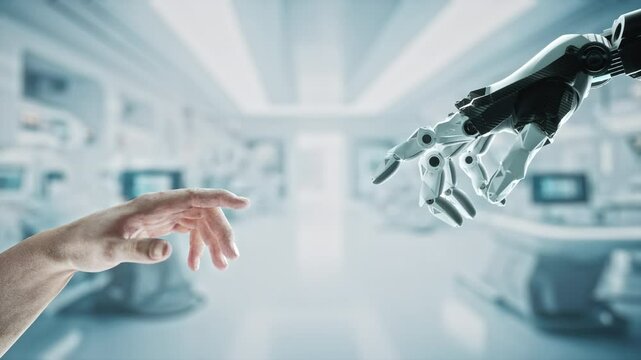 A Hand Reaching Out To AI Robot In A Room With Other Machines Workshop Advertising Photography Robotics Engineering