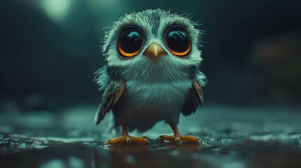  A tight shot of a small owl, its large, expressive eyes conveying sadness, perched on a damp surface