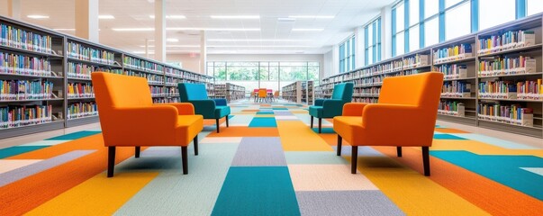 Bright and inviting library space with colorful seating and vibrant carpeting for engaging learning experiences