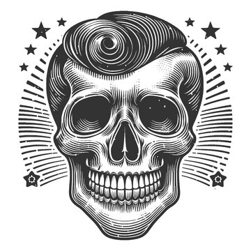 recommend clip art: skull with a classic pompadour hairstyle, retro rockabilly aesthetic surrounded by stars and rays in a vintage tattoo style sketch engraving generative ai raster illustration. Black and white image.