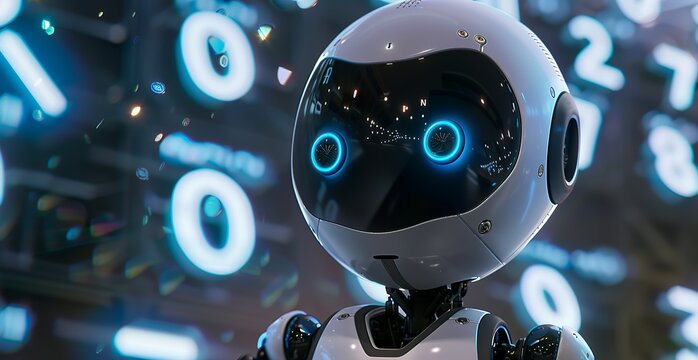 A cute robot pondering mathematical equations, with blue eyes and a white...