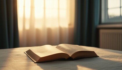 A serene moment captured an open book bathed in warm natural light by a window evoking tranquility and reflection