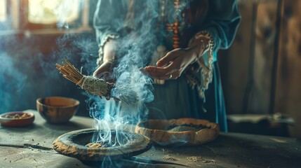 A witch cleansing a ritual space with a bundle of burning sage, smoke...
