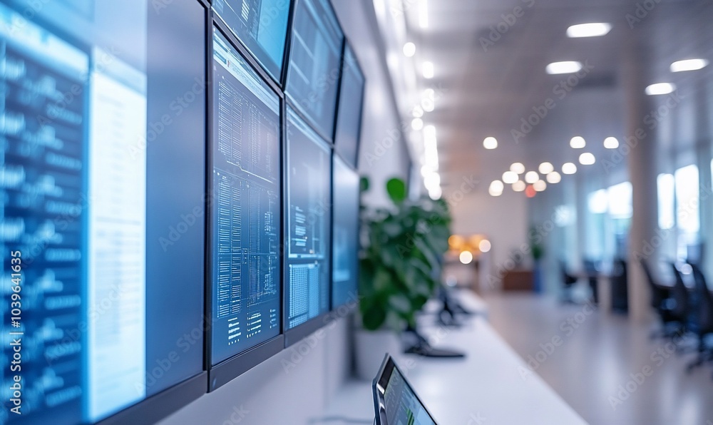 Aufkleber a wall of monitors displaying data and graphs in a modern office.