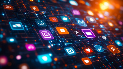 Colorful digital icons floating in a grid pattern