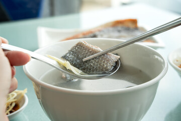 Milkfish skin soup, distinctive and famous seafood cuisine of Taiwanese food in Tainan.