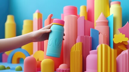 Obraz premium Colorful Bottle Against Vibrant Background Shapes