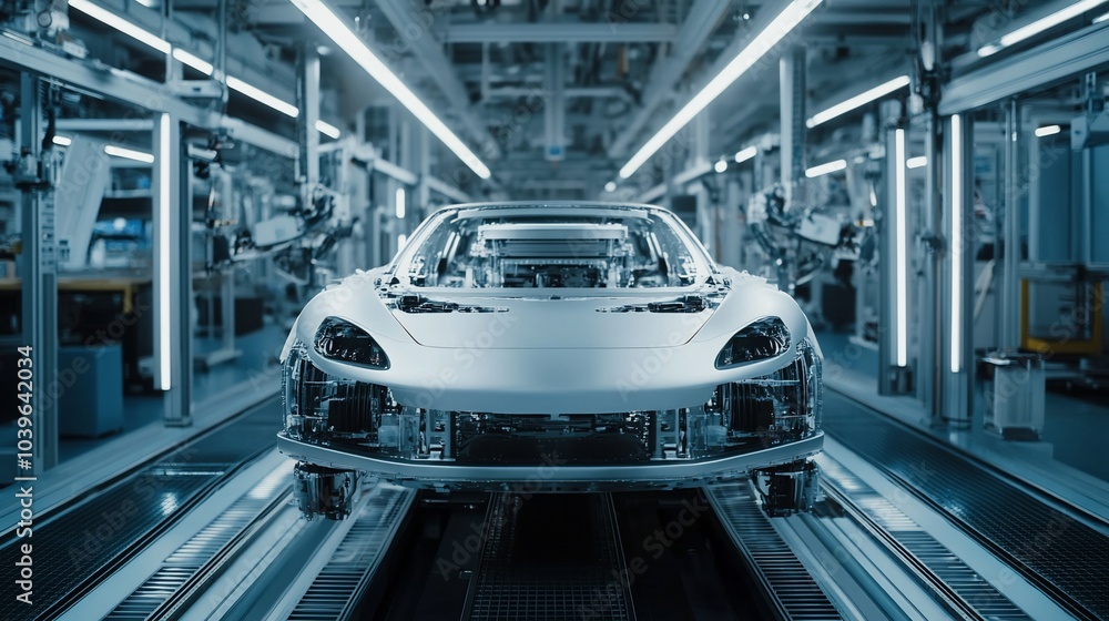Poster a white car body on an automated assembly line in a factory.