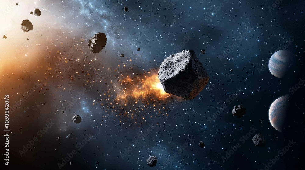 Poster asteroid collision in space.