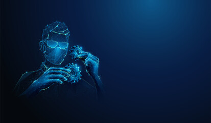 Abstract illustration of low poly engineer developer putting together gears. Blue geometric background depicting innovation development, industrial engineering concept by wireframe mesh