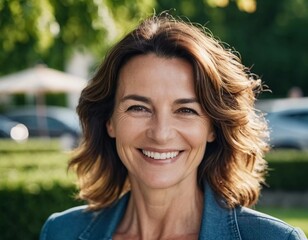 Fototapeta premium A cheerful woman 50 years old stands in a quaint French street, her smile bright against the warm backdrop of a sunny afternoon. The scenery embodies a serene and joyful atmosphere. Generative AI