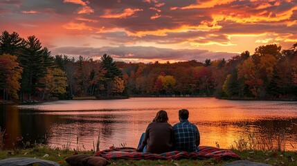 Couple sharing a blanket and watching the sunset over a lake, surrounded by...