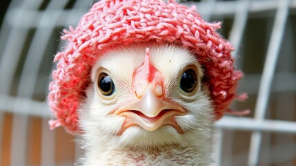  A chicken, its beady eyes wide with surprise, sports a cozy knitted hat in this up-close image