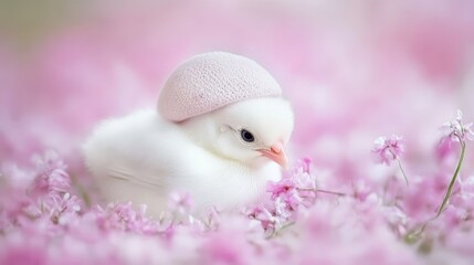  A tiny white bird wearing a pink hat sits among a sea of pink flowers