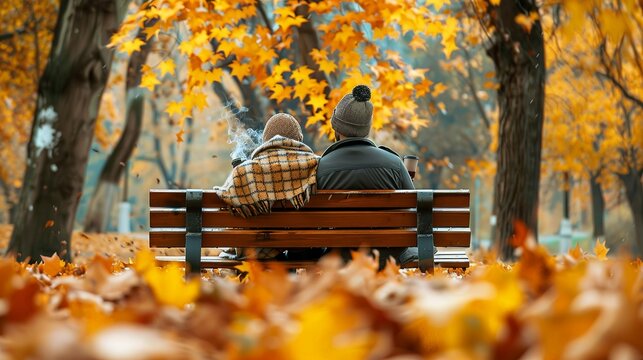 Couple sharing a blanket on a park bench, sipping hot drinks and watching the...