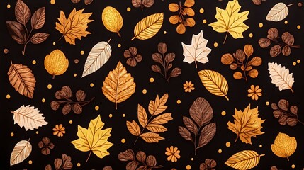 A vibrant arrangement of autumn leaves in various shapes and colors against a dark background, embodying the beauty of fall.