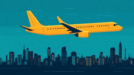 Airplane Flying Over City at Night.