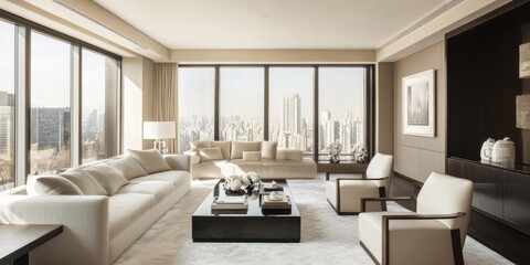 Fototapeta premium A contemporary apartment with clean lines and neutral tones, illuminated by large windows, creating a bright and airy environment.