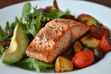 Nutrient-Rich Balanced Meal: Salmon, Avocado, and Roasted Vegetables for a Healthy Lifestyle