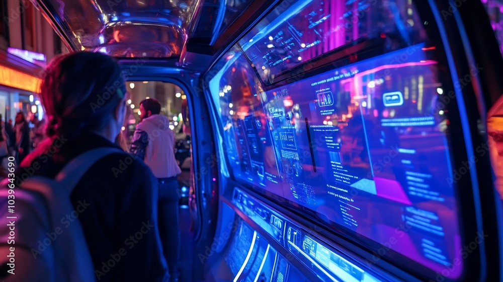Poster a woman stands inside a futuristic vehicle with a large digital display showing data and information