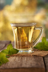 A cup of herbal tea with fresh melissa or lemon balm leaves