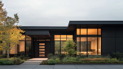 Fototapeta premium A large black house with a white trim and a black front door