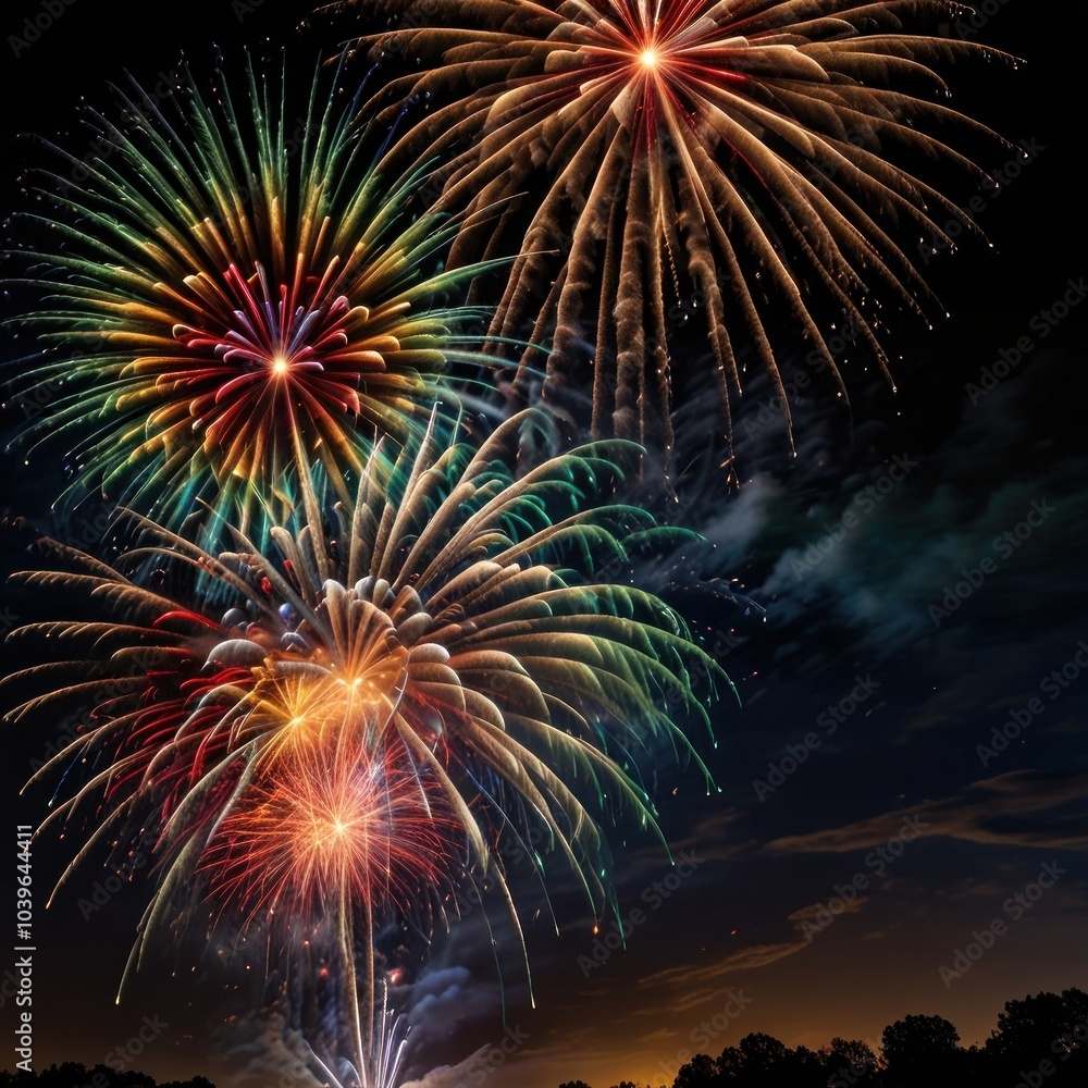 Poster a colorful fireworks display explodes in the night sky, illuminating the dark clouds.