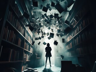 A shadowy figure stands in a library, surrounded by floating books, bathed in dramatic light, creating a mystical and surreal atmosphere.