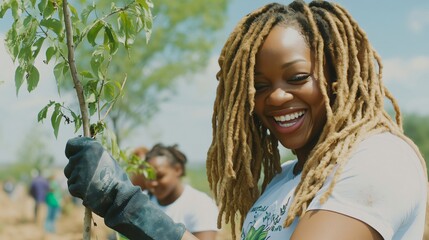 Happy volunteer planting a tree with diverse group of people