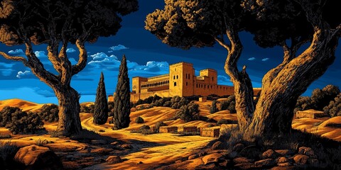 Ancient castle in the desert, framed by trees, golden hour light