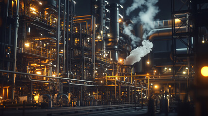 Night View of Industrial Plant with Smoke and Lights