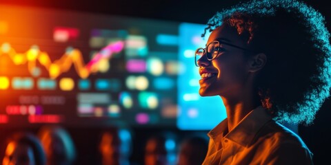 A dynamic young businessperson delivering a successful presentation to a captivated audience, their face glowing with confidence and determination, with business charts and graphs in the background.