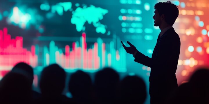 A dynamic young businessperson delivering a successful presentation to a captivated audience, their face glowing with confidence and determination, with business charts and graphs in the background.