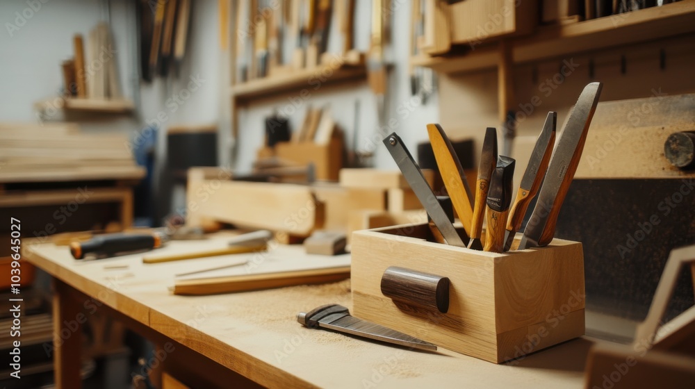 Poster a tranquil woodworking studio with tools and timber, workshop tools arranged in a well-lit space, co