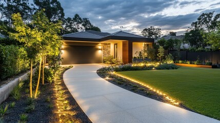 Illuminated garden path in front of a modern house, subtle lighting enhancing the details of the landscape design and creating an inviting look.