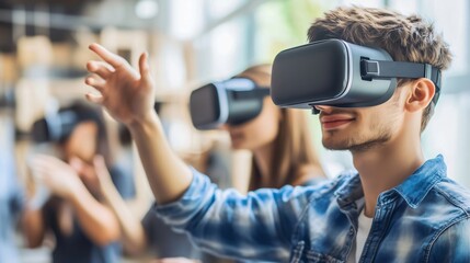 Group of people using virtual reality glasses are interacting with virtual world