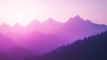 Fototapeta premium A mountain range with trees in the foreground and a pink-purple sky backdrop, sun included in the distance