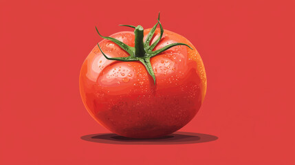 a front view of a flat round tomato on a red background